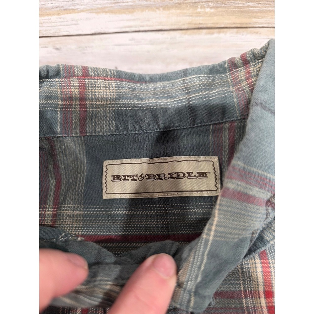 Bit & Bridle Plaid Long Sleeve Button Down Shirt Men's XL Blue Red Black Horse - Picture 3 of 11